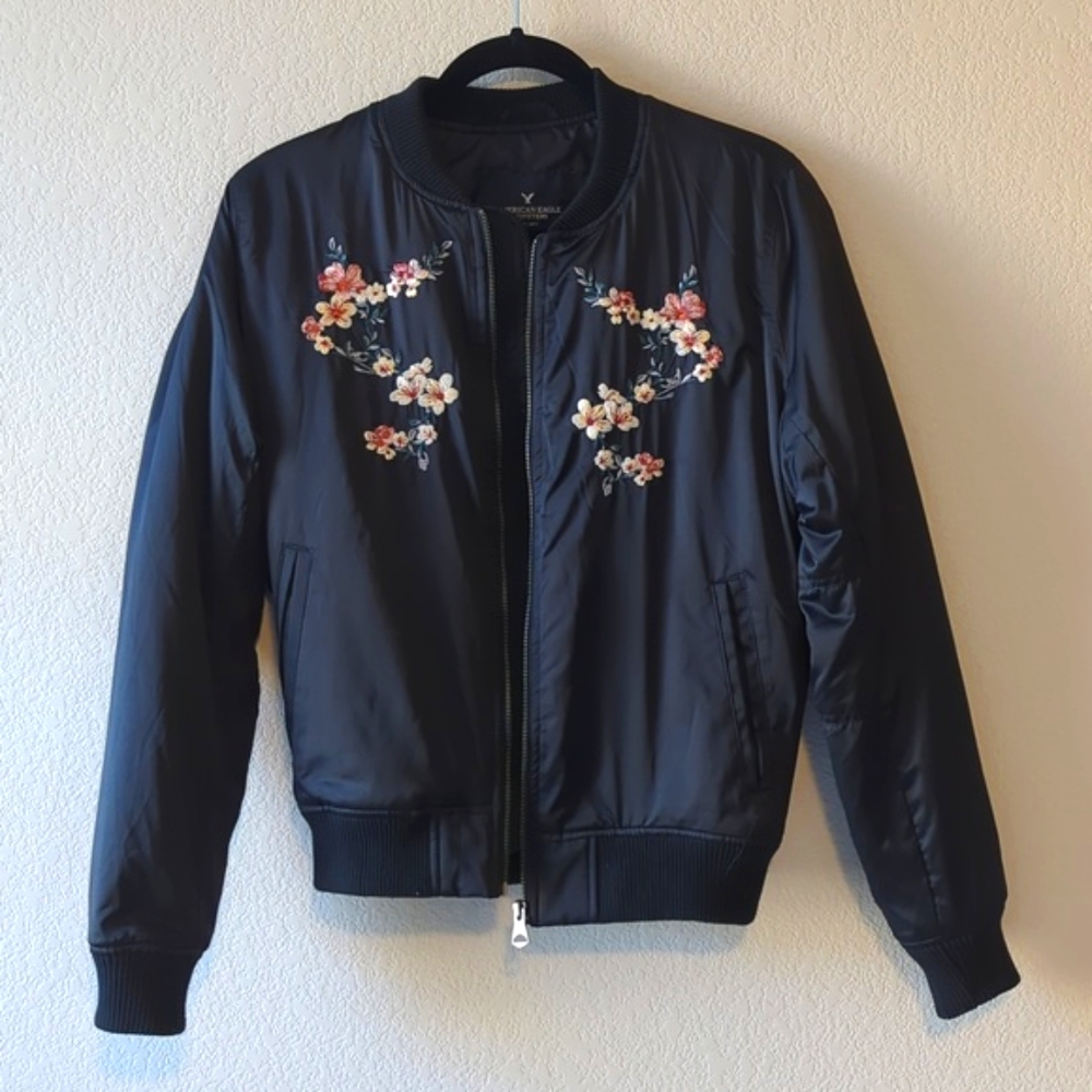 American Eagle Outfitters Black Bomber Jacket with Floral Embroidery